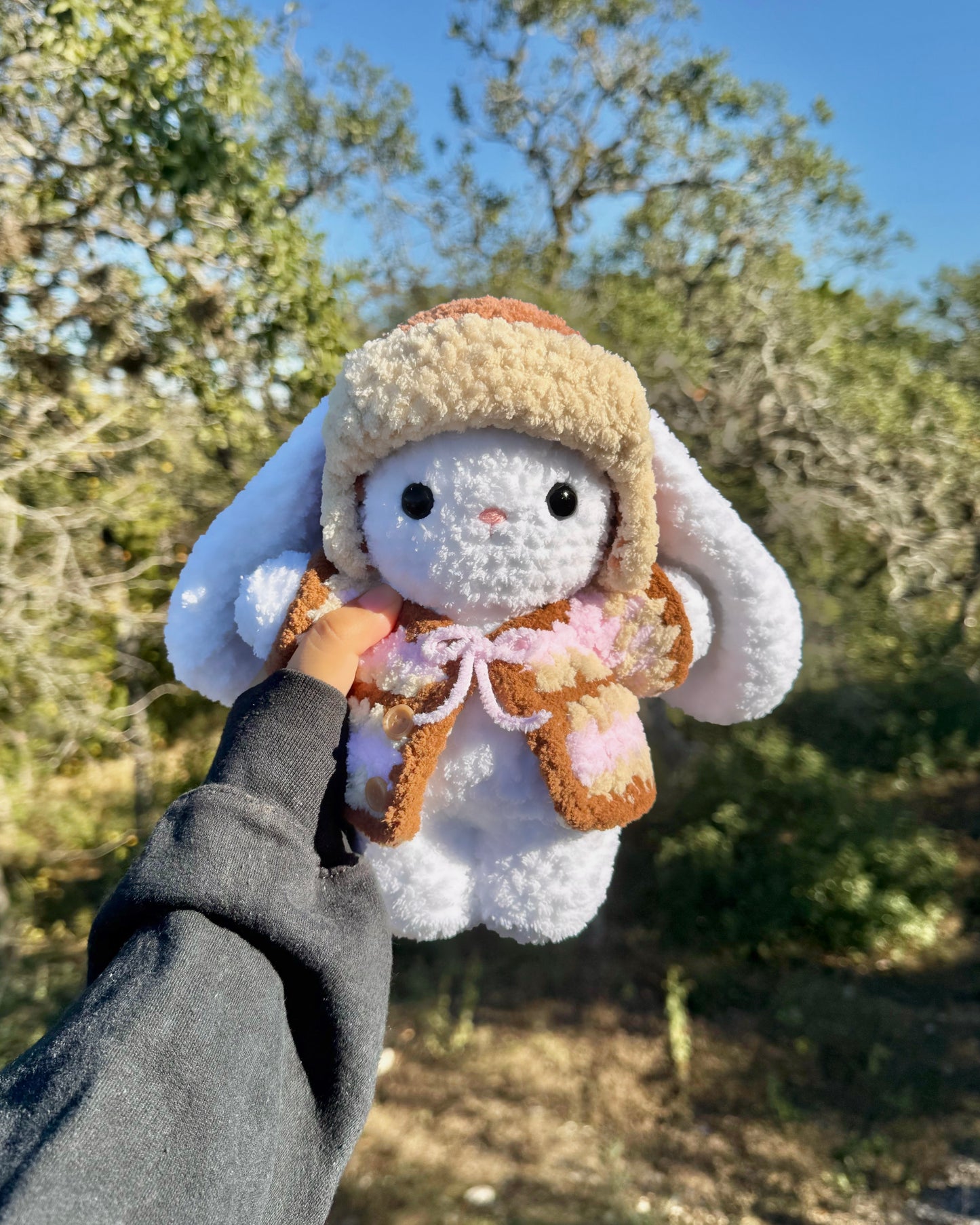 Crochet Trapper Hat & Cardigan Bunny Plushie