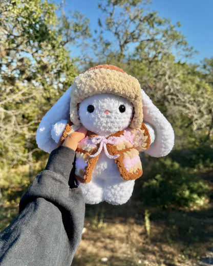 Crochet Trapper Hat & Cardigan Bunny Plushie