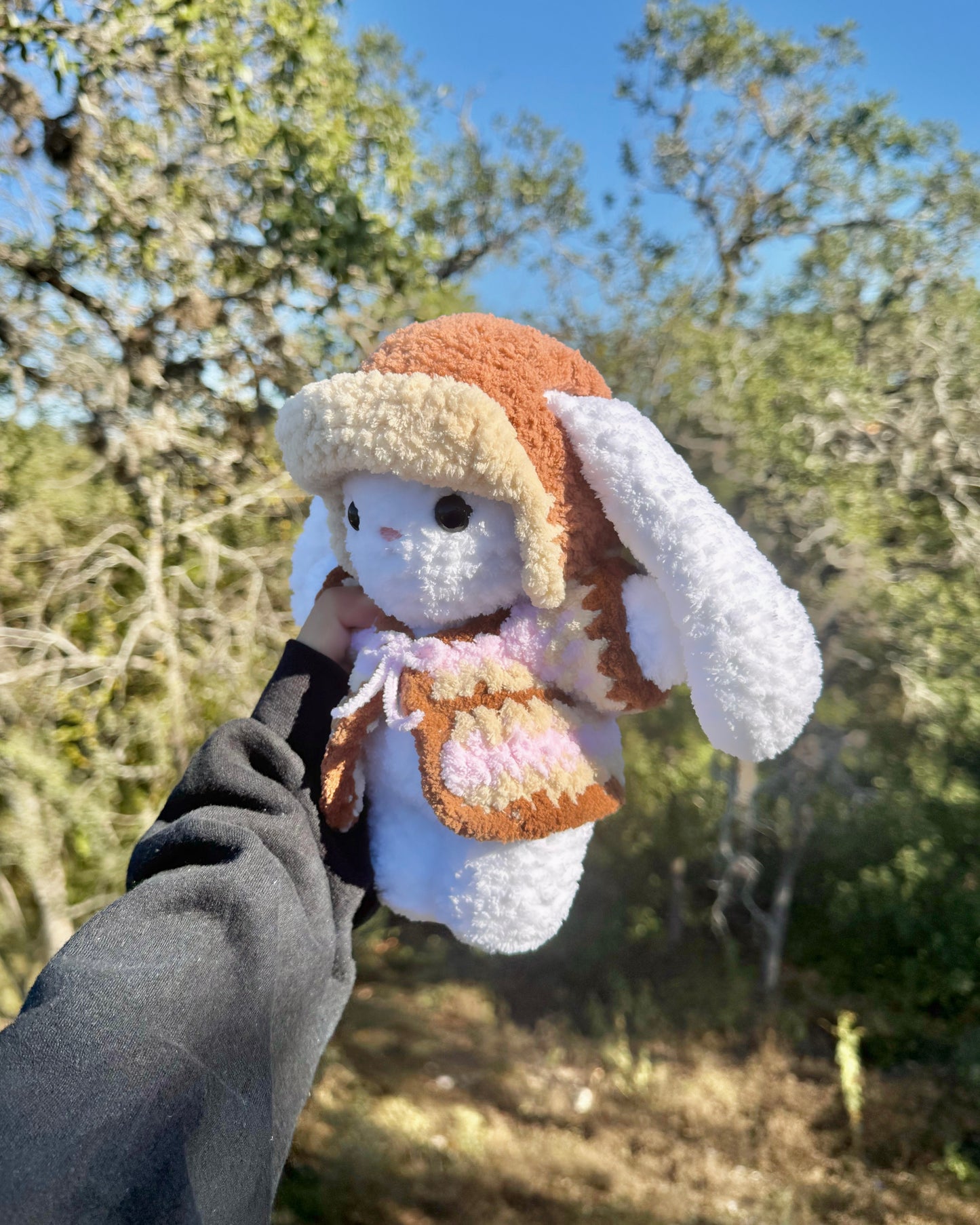 Crochet Trapper Hat & Cardigan Bunny Plushie